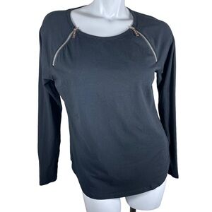Michael Kors Black Scoop Neck Long Sleeve Cotton Blend Shirt w/ Zipper Accent LG